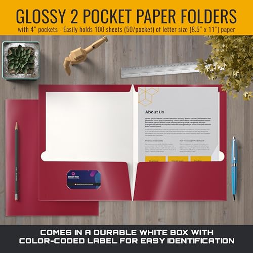 Image of Better Office Products 2 Pocket Glossy Laminated Burgundy Red Paper Folders, Box of 25, Letter Size, Burgundy Red Paper Portfolios