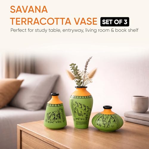 Image of Aakriti Art Creations Terracotta Vases Set of 3 | Handmade Green Warli Art Flower Vases | Matte Finish Decorative Vases for Living Room, Table Decor & Gifting | Tribal Home Decor for Artificial Plants