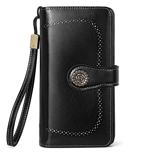CLUCI Geldbörsen Damen Leder Blumenschnalle Kreditkartenetui mit Ausweisfenster viele Kartenfächer Schwarz Cover