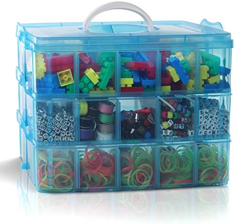 BELLE VOUS 3 Tier Blue Transparent Plastic Stackable Storage Box - Adjustable Compartment Slots - Max 30 Compartments - Container for Storing & Organising Toys, Jewellery, Beads, Arts & Crafts, Tools