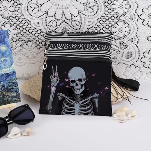 Gothic Skeleton Print Women Crossbody Bag - V Gesture Butterfly Design Men Adjustable Shoulder Strap Messenger Bag Birthday Gift Holiday Present​​ for Skull Lover Friend3
