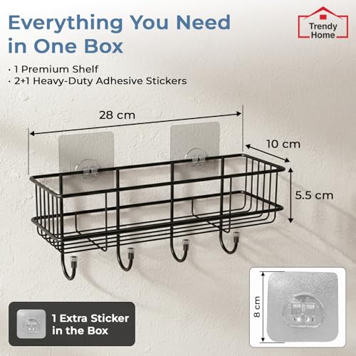 Image of Trendy Home Self Adhesive Bathroom Shelf Organiser, Drill-Free Wall Rack | with Magic Stickers & 4 Hooks, Rust-Proof Storage Shelf for Bathroom, Black