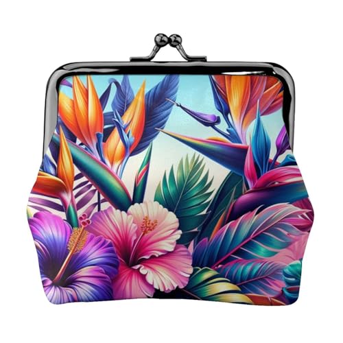 Pu Leather Buckle Coin Purse Tropical-Island-Hibiscus Girls Kiss-Lock Change Purse Wallets