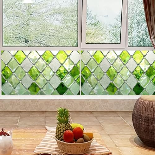 BlissYard Window Privacy Film Home Decorative Green and White Glass Window Film for Glass Door Home and Office PVC Static Cling Sticker 39.3×17.7 Inchs Fit Bedrooms Removable Static Cling Stickers