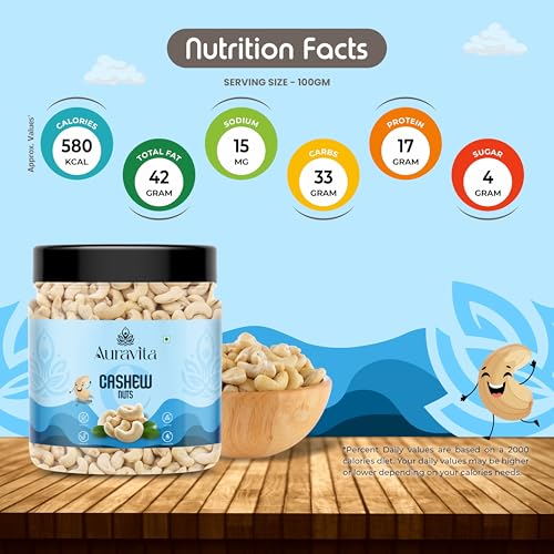 Image of Auravita Premium Whole Cashews 100GM | Natural and Unsalted Kaju Ideal for Dieting, Snacking, Cooking, and Baking | Protein Rich Kajau Dry Fruits Perfect for Gifting