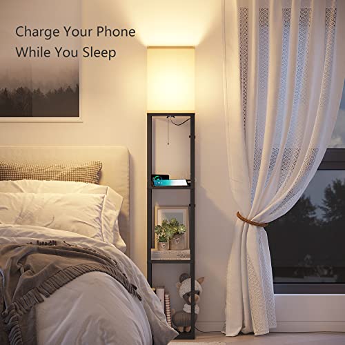 Sunmory Shelf Lamp With Remote Control, Stepless Color Temperature & Dimmable, Floor Lamp With Shelves With 2 Usb Charging Ports And 2-Hole Socket, Solid Wood Tall Lamps For Living Room, Bedroom，Black #TOP4