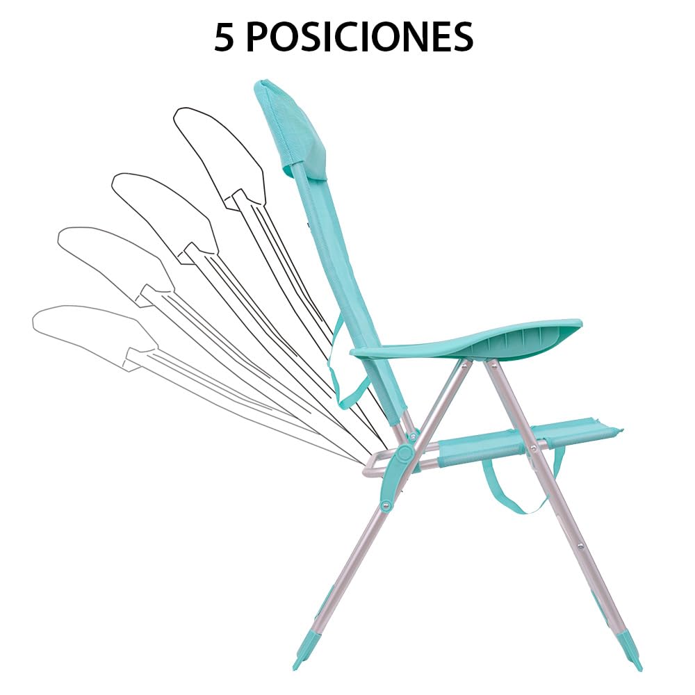 LOLAhome Sillón de Playa Plegable y reclinable de 5 Posiciones de Aluminio y textileno Aguamarina de 63x60x110 cm