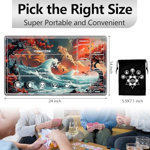 Image of for MTG Playmat with Card Storage Bag,Non-Slip Rubber Base & Smooth Surface 24x14in,Beginner-Friendly Magic Mat for Commander Deck,Red Trees Sunset Waves