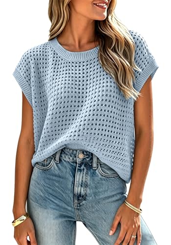 Image of Womens Crochet Tops Cap Sleeve Summer Sweater Crew Neck Beach Cover Ups Lightweight Knit Pullover