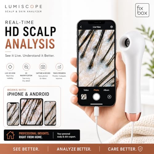 Image of LumiScope Scalp, Hair & Skin Analyzer | HD 4X Magnification IPX5 Waterproof Camera| Hair, Scalp & Skin Inspection Device with LED Light| Rechargeable iOS & Android App Analyzer for Home