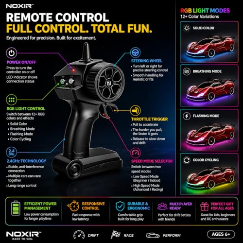 Image of RC Drift Car 1:16 Scale, 2.4GHz Remote Control, Set | 25KM /H High-Speed, LED Lights, Replaceable Drift Tyres, Spare Wheels & Cones Included