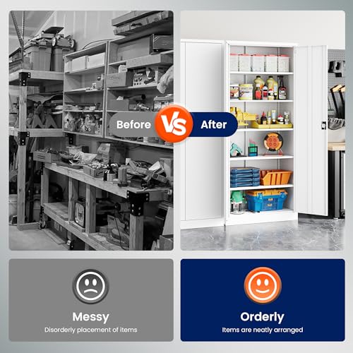 Image of Yizosh Metal Garage Storage Cabinet with Lock, 72 inch Locking Tool Cabinet with 2 Doors and 4 Shelves, Tall Steel Cabinet for Garage, Heavy Duty File Cabinet for Office, School (White)