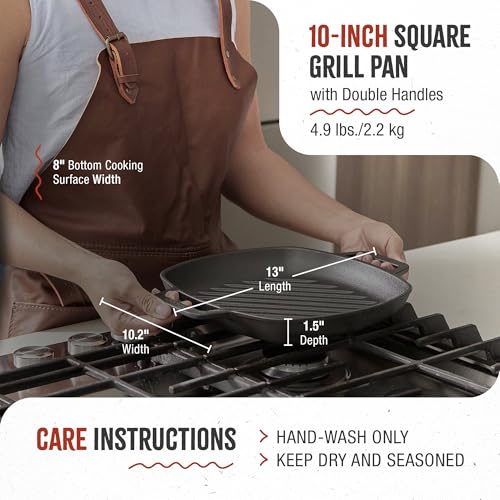 Image of Victoria Cast Iron Square Grill Pan with Double Loop Handles, Made in Colombia, 10 Inches