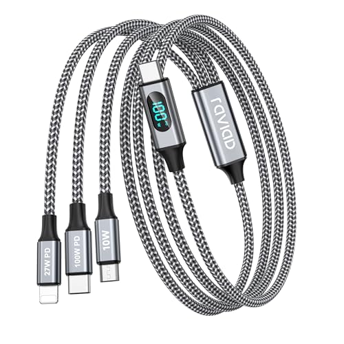RAVIAD 100W USB C auf Multi Ladekabel [2M] Ladekabel 3 in 1 Schnellladekabel mit LED Display Kabel USBC auf USB C[100W]+Micro[10W]+Lightning[27W] Kompatibel mit iPhone 17 16 15 Galaxy S25 S24 Pad