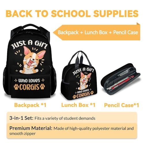 Corgi Backpack with Lunch Box - Set of 3 School Backpacks Matching Combo - Soft Portable Black Bookbag and Pencil Case Bundle3