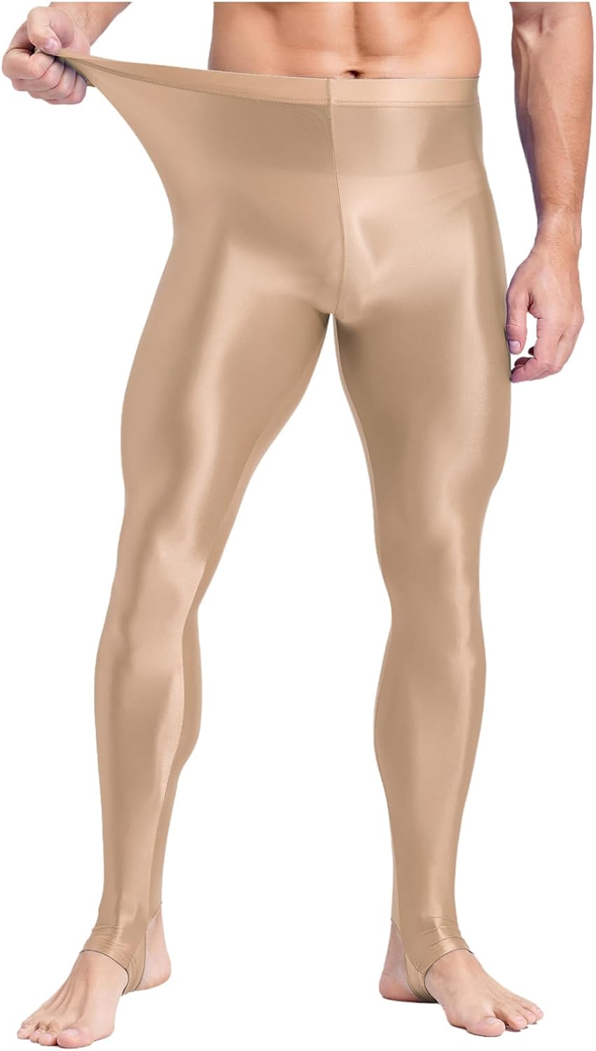 Linjinx Men's Plus Size Glossy Stirrup Leggings High Waist Smooth Tights Stretch Club Party Pants