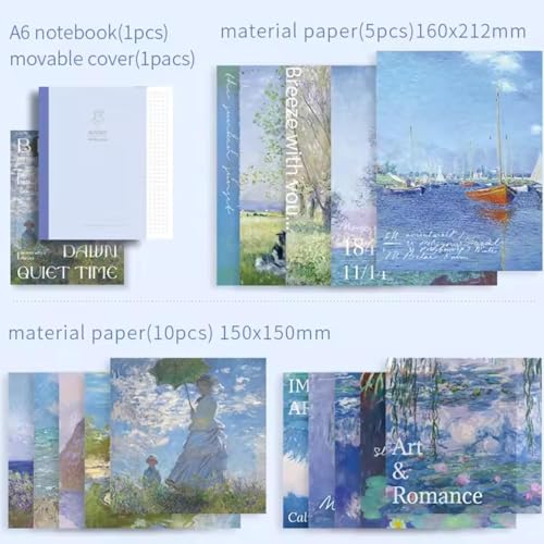Image of VIBE VISTA Vintage Aesthetic Scrapbook Kit, 346 Pcs, A6 Grid Notebook, Washi , Envelopes, Papers, Folding Labels, Background Papers, Photo Frames, Calendar Stickers (Morning Breeze, Blue)