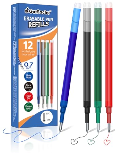 GutSache 12 recambios borrables para bolígrafos Pilot FriXion Ball & Clicker & Eberhard Faber, cartuchos de tinta termosensibles, recambios de tinta de gel borrables de colores, 4 colores