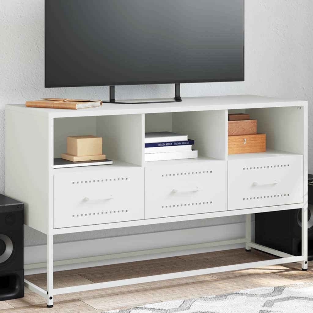 Przemysłowy mobilny stojak pod telewizor z czarnej stali 100,5 x 39 x 60,5 cm, wyposażony w 3 otwarte przegródki i 3 szuflady, solidna konstrukcja do salonu, łatwe czyszczenie i montaż