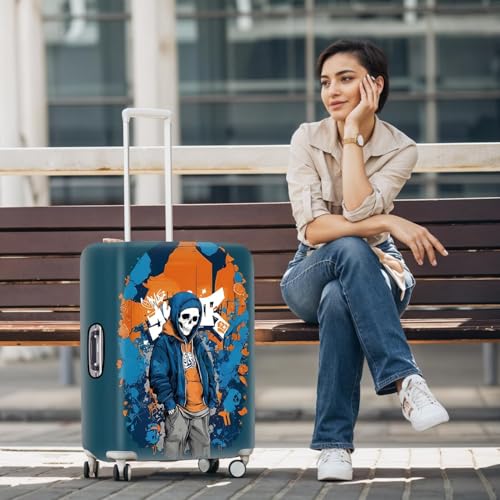 Image of Graffiti Skull Luggage Cover - Trendy Street Style Suitcase Protector with Blue and Orange Hoodie Design - Fits 20 inch to 22 inch Luggage,S
