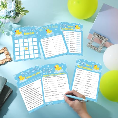Image of Jetec 302 Pcs Yellow Rubber Duck Theme Baby Shower Games, 6 Games, 50 Sheets Each - Baby Shower, Word Scramble, Word Search, Predictions and Advice, the Price is Right