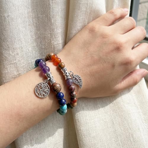 Image of YGLINE Tree of Life Yoga Healing Stone Bracelets,Multilayer Lotus Chakra Stone Reiki Bracelet Sets,Anxiety Crystal Natural Stone,for Women Stress Relief