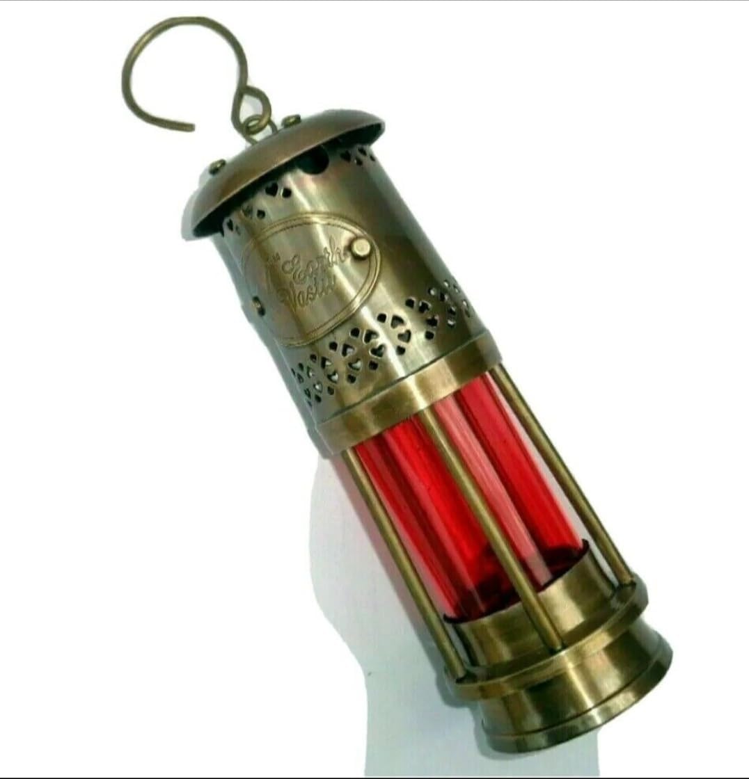 Lámpara náutica menor de petróleo marino, lámpara de latón antiguo, lámpara menor para el hogar, vidrio rojo