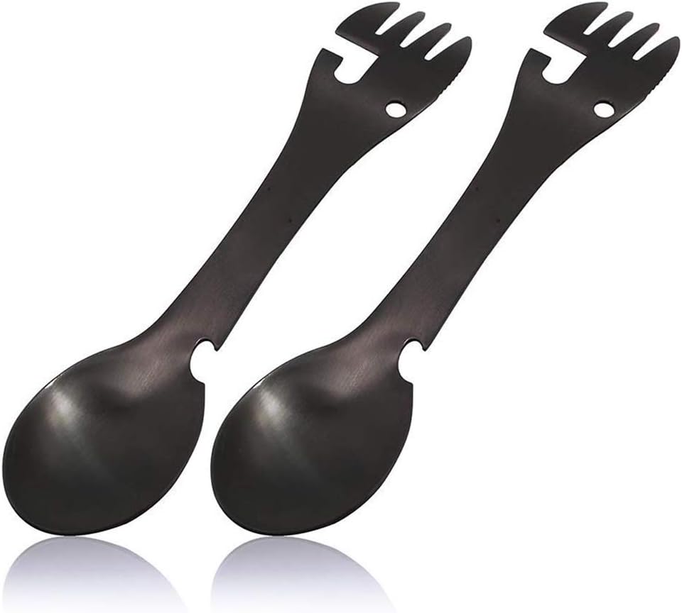 Multi-Function 5 in 1 Tactical Spork Travel Utensil 2PCS Multi Flatware Spork Camping Utensil Knife Spoon Fork Bottle Can Opener Multi Flatware Utensil Multitool for Home Use Travel Camping Outdoor