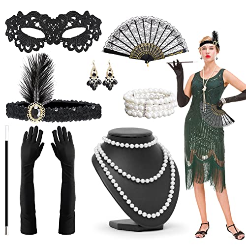 UMILKI 20er Jahre Accessoires Dame,Great Gatsby Accessoires Damen,1920 Zubehör Set mit Flapper Stirnband, Spitze Augenmaske,Spitze Faltfächer Halskette Armband Ohrringen Cover