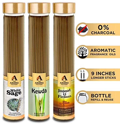 Image of The Aroma Factory White Sage,Kewda & Attar Jannat Agarbatti for Pooja,Luxury Incense Sticks,100% Herbal Fragrance Agarbathi (Bottle Pack of 3x100g)