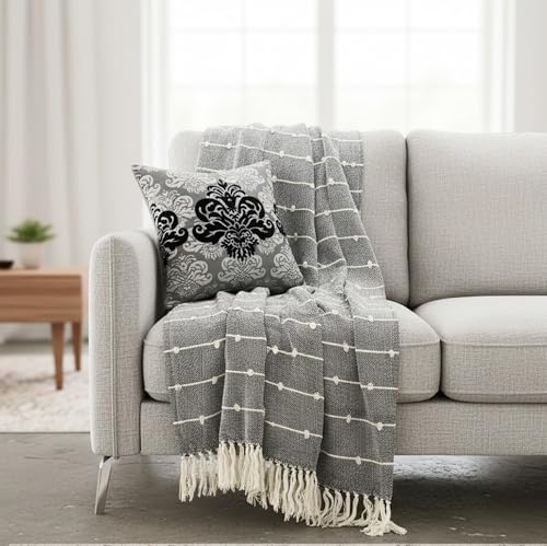 Image of SAJAVAT HOME Soft Cotton 3 Seater Sofa Throw with Cushion Covers | 80x52 Inches (204x132 Cm) | Hand-Knitted Black Throw & Silk Cushion16x16 for Sofa, Bed, Chair & Travel | Pack of 1