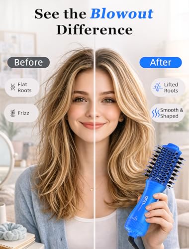 Image of Mini Travel Ceramic Blow Dryer Brush for Short to Medium Hair, 2 Inch Oval Styling Hot Air Brush with 3 Heat Settings, Lightweight Volumizing & Smoothing Tool, 120V, Blue