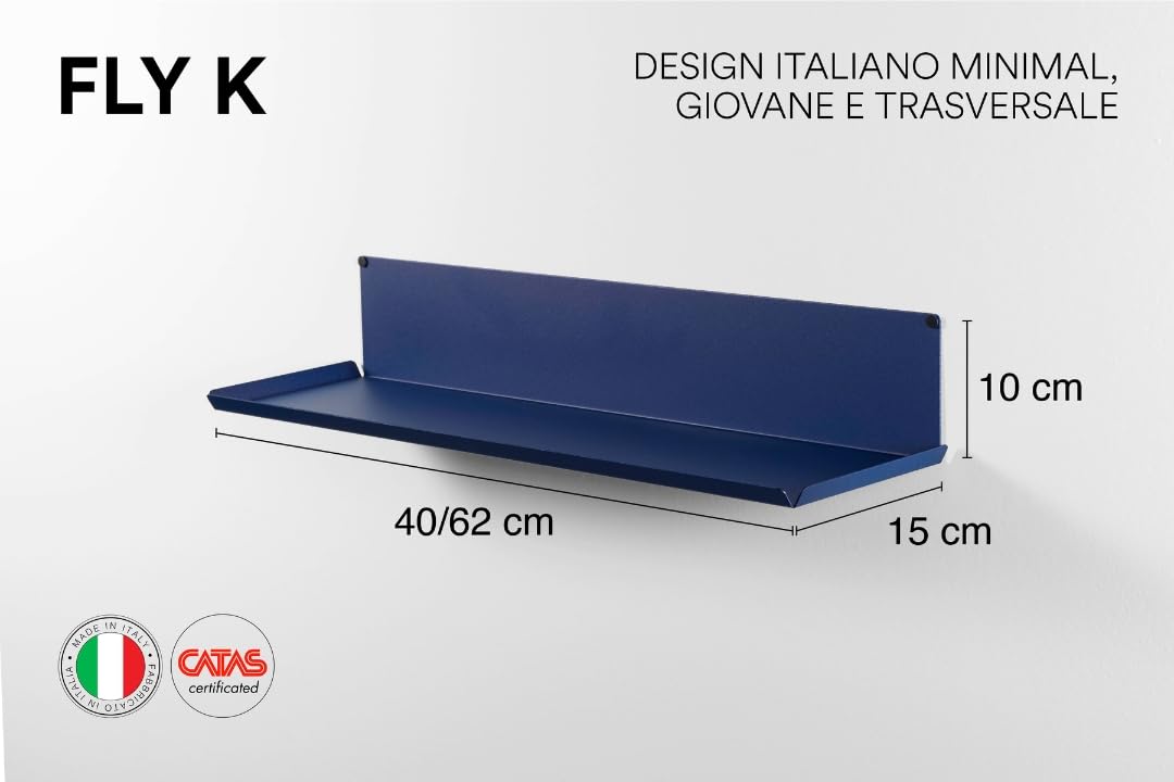 Fly-K | Mensole Da Muro Design | Design Moderno e Minimal | Mensola Adatta a Ufficio, Salotto, Bagno, Libreria da Parete | P15 x L40/62 x H10 cm | 100% Made in Italy (Blu, 62)