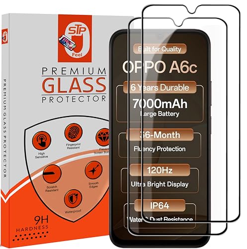 Image of STP FEEL Premium HD+ Tempered Glass Screen Protector Guard Compatible For Oppo A6C 5G (6.75 Inch, Pack of 2) | Edge to Edge Coverage With Easy to installation kit for Smartphone