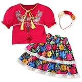 HIHA Size 8 Little Girls Mexican Embroidered Outfit Kids Cinco De Mayo Clothes Floral Twist Front Crop Tops Lace Skirt Set Red 8-9 Years