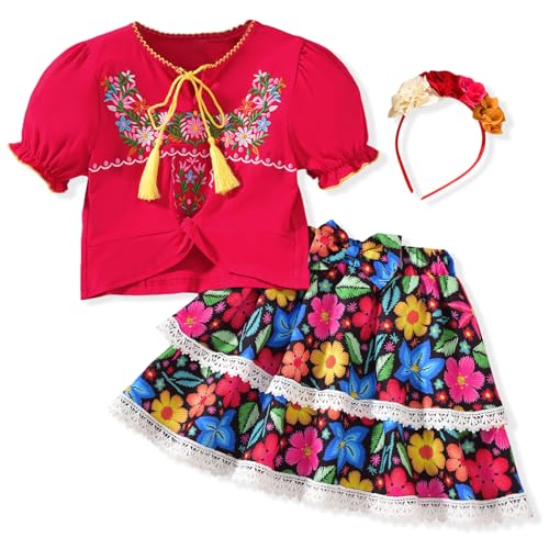 Image of HIHA Toddler Little Girls Mexican Embroidered Skirts Outfit