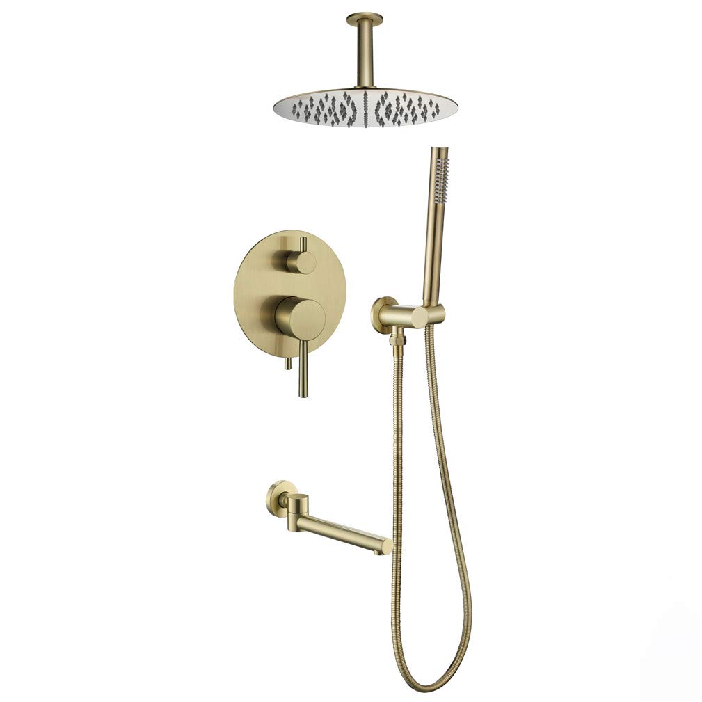 Sistema Doccia, Miscelatore per Doccia a Pioggia da Bagno in Oro Spazzolato con Montaggio a soffitto, Set con soffione a Pioggia Rotondo in Acciaio Inossidabile da 8-12 Pollici e rubinetti p