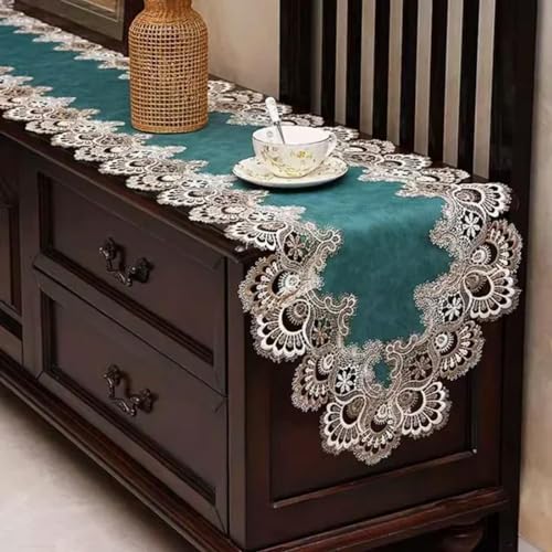 UANGLI Chemin de Table Ovale en Dentelle brodée pour Meuble TV, Nappe avec Pendentif en Dentelle, Pompon, Commode, Drapeau de Table, Housse Anti-poussière, Nappe de Noël