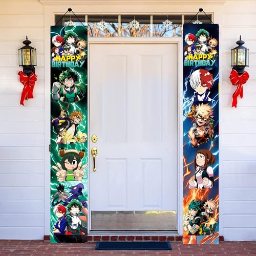 2Pcs Cartoon For Academia of My Hero Birthday Porch Sign Door Hanging Banner Cartoon Birthday Party Supplies for Wall Decorations.