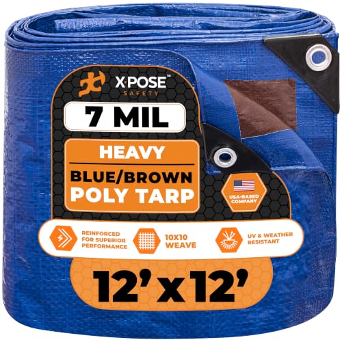 Image of Xpose Safety 12' x 12' Heavy Blue /Brown Tarp - Waterproof - 7 Mil Weatherproof Camping Tarp for Tent, Rain, Wind & Sun - Plastic Tarpaulin Cover Outdoor for Roof, Trailer, RV, Car, Boat