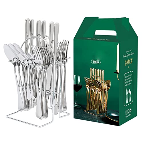 Set Posate 25 Pezzi In Acciaio Inox 410 Con Supporto – 6 Servizi, Lucidate A Specchio, Inclusi Coltelli Bistecca, Forchette, Cucchiai E Cucchiaini, Regalo Elegante