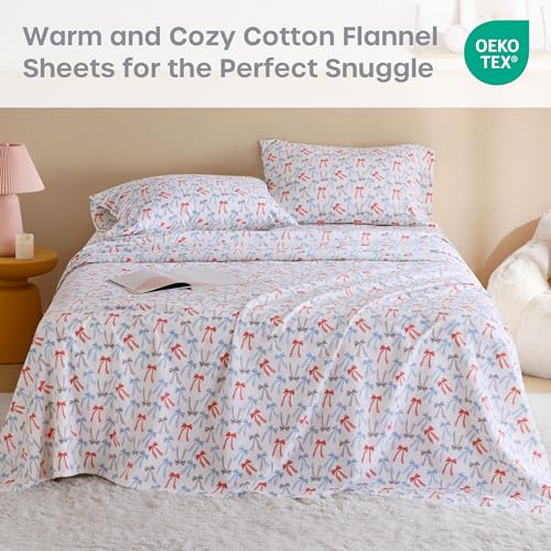 Image of Intelligent Design Flannel Sheets Twin, Cozy Soft 100% Cotton Flannel Bedding, Printed Warm Twin Sheets Set, Ultra Soft Cold Weather Bed Sheet Set, Happy Bows, 3 Piece