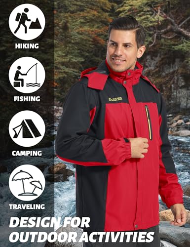 TACVASEN Regenjacke Herren Wasserdicht Atmungsaktiv Outdoorjacke Übergangsjacke Leicht Winterjacke Wasserabweisend Angeljacke Softshell Arbeitsjacke Winddicht Trekkingjacke(XXL, Rot)