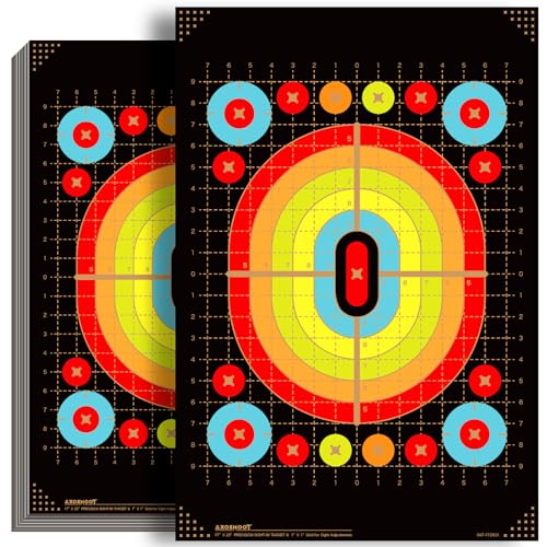 Sight-in Shooting Targets Paper - 17x25 inch Color 20/Pack 140gsm, Low-Glare, One Crease, Bags, 1x1 inch Grid & Multi-Zone Bullseye for Rifle, Pistol, Airsoft Scope Sighting - Indoor/Outdoor Range
