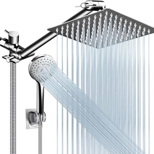 HAWOO Regaderas para Baño, 8'' Cabezal de Ducha y 5 Modo de Shower Head Fijas, Regadera Cuadrada de para Baño Alta Presion Modernas con 1.5 m Telefono y Tubo de Extensión(Cromo)