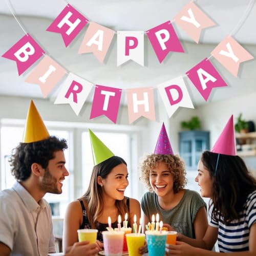 Image of Happy Birthday Banner Sign, Birthday Garland Wall Door Hanging Banners Flag for Women Men Boys Girls Party Backdrop Decorations, Personalized Name Banner White Letters Pink and White