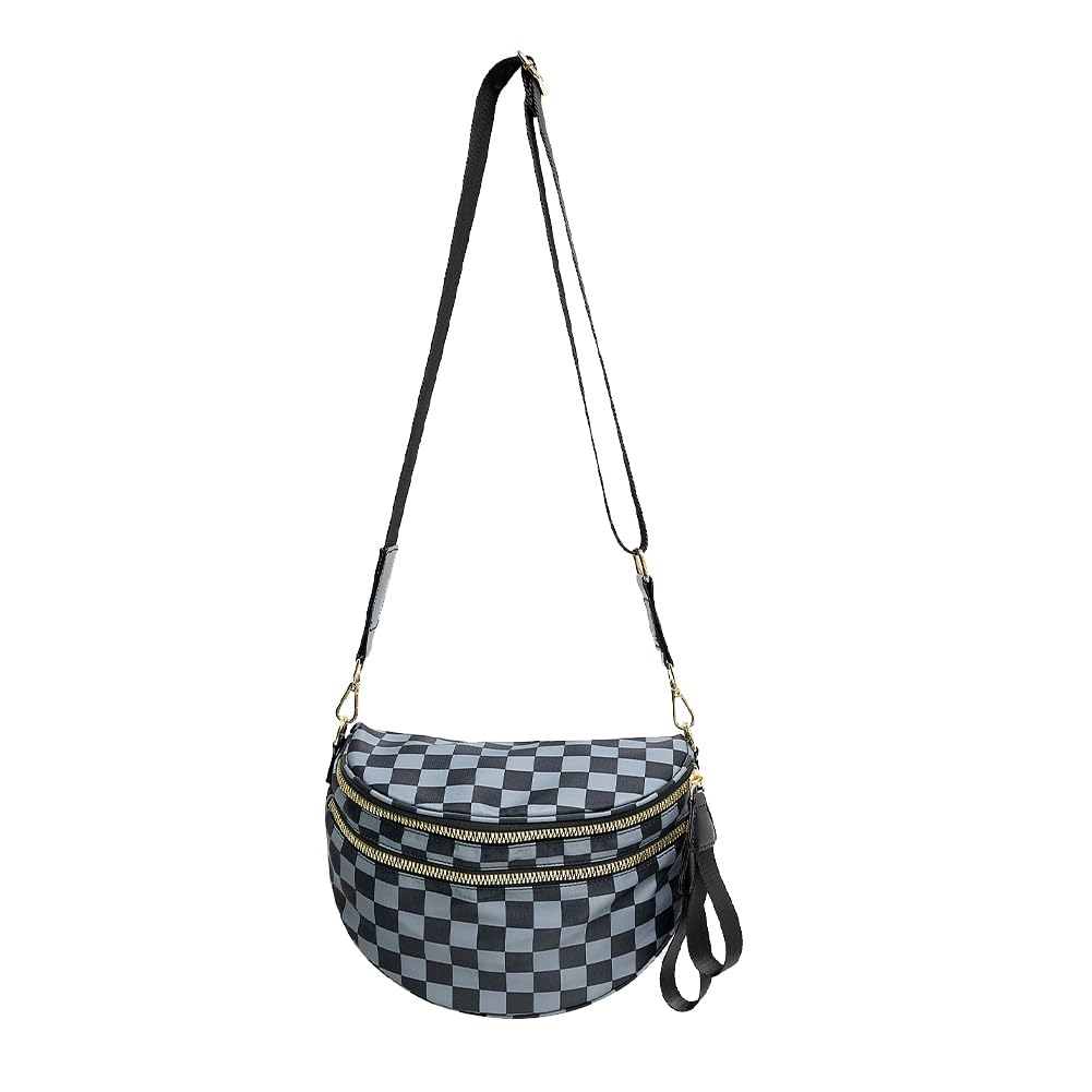 KAMEILONG Checkered Nylon Crossbody Bags for Women Plaid Crescent Waist Bag Crescent Fanny Pack Shoulder Bag Handbags (Black-Gray)