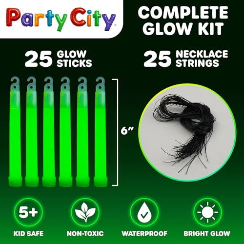 Party City Green Glow Sticks Bulk Pack 6”- 25pk Glow in the Dark Sticks for Kids, Waterproof Camping Survival Ultra Bright Emergency Light Stick with String, Neon Glowsticks Party Supplies Favors - image 6