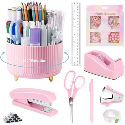pink desk accessories pink office supplies 360pen holder desk organizers and accessories with tape dispenser stapler staple remover 1000 staples tape clips set ruler scissor pen
