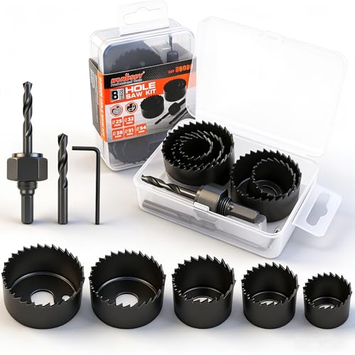 HORUSDY 8PCS Hole Saw Kit, 1'–2-1/8' (25–54mm), with 2 Pcs Drill Bits, Mandrel & Hex Key, Smooth Cut, DIY-Friendly Set for Soft Wood, Plywood, PVC